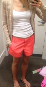 Purchased: Tan striped open cardigan, neon coral shorts